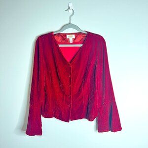 Vtg Talbots Red Velvet Button Front Boxy Cardigan Festive Whimsical Vamp Goth 8